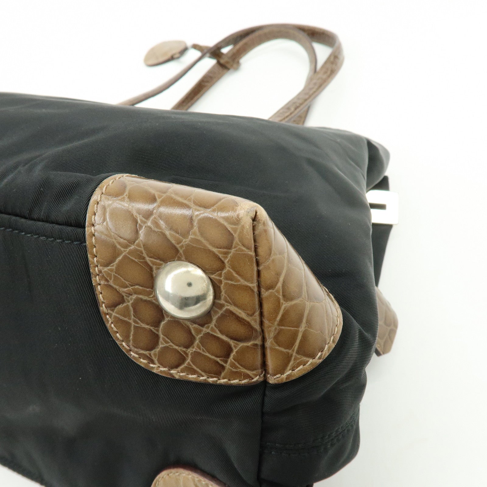 PRADA Triangle Logo Nylon Embossed Leather Tote Bag Black Brown