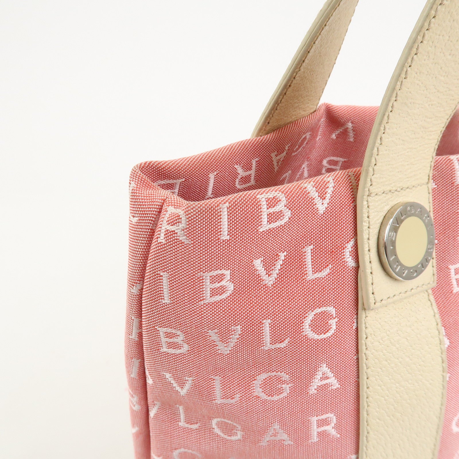 BVLGARI Logo Mania Canvas Leather Hand Bag Tote Bag Pink Ivory