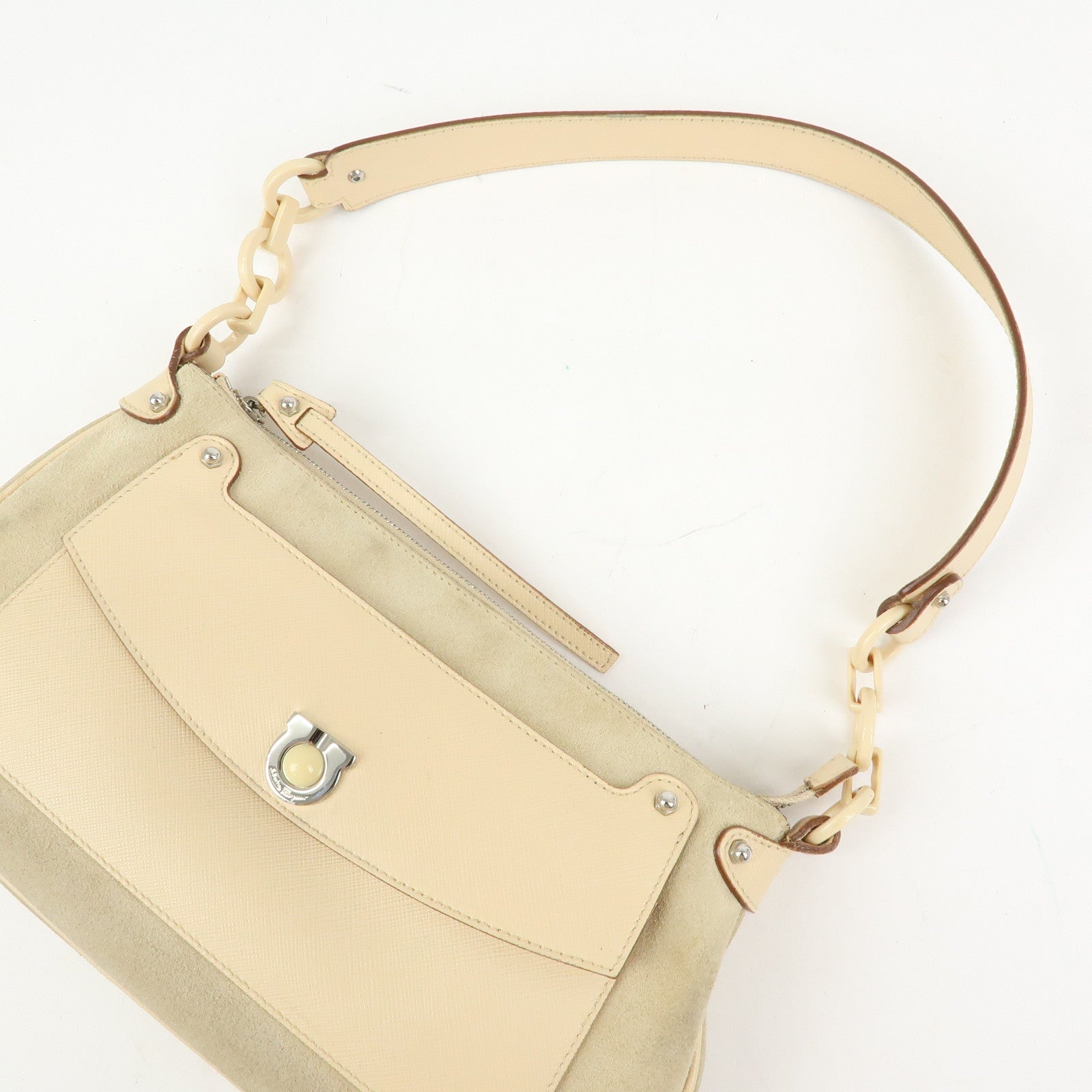 Ferragamo Gancini Suede Leather Shoulder Bag Hand Bag Beige