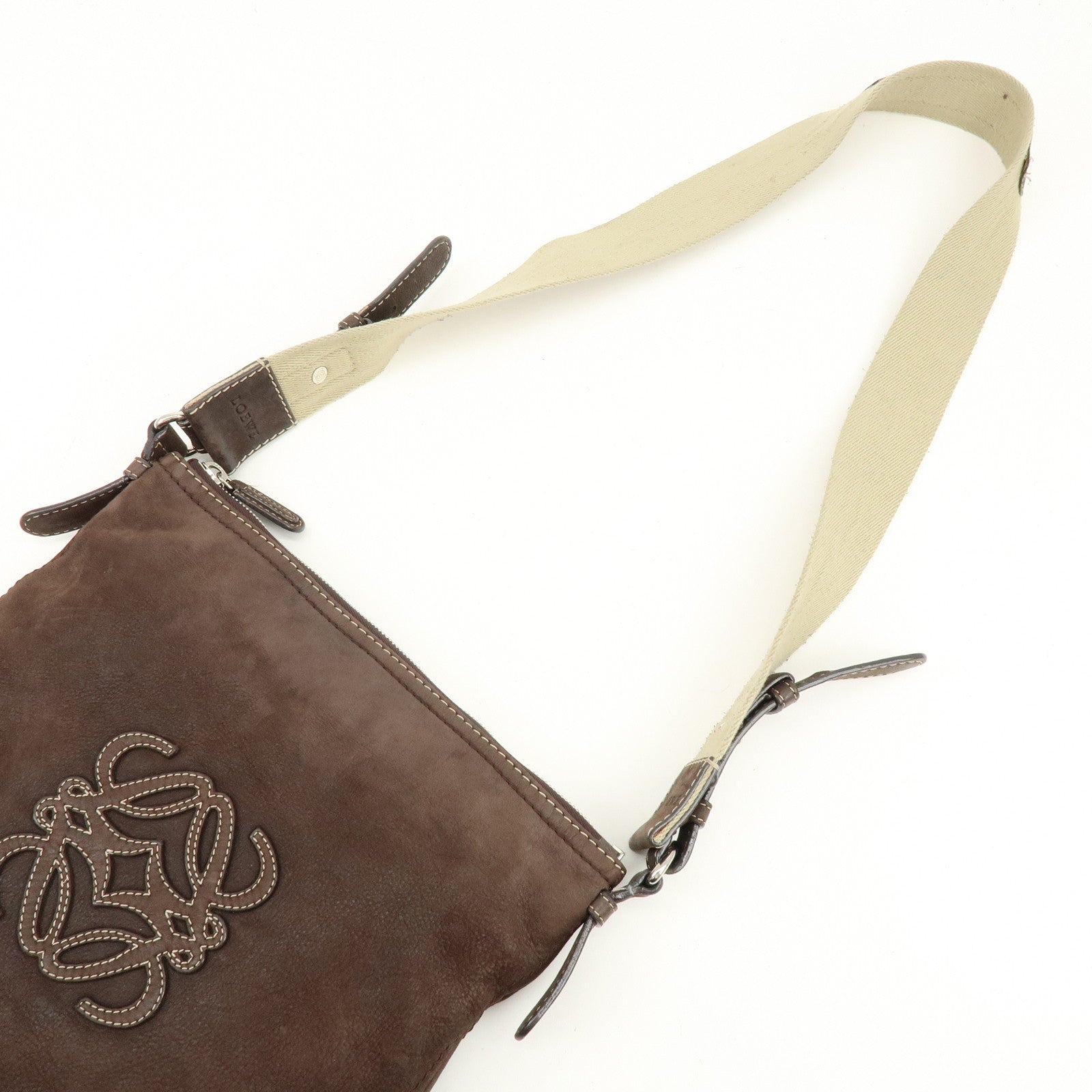 LOEWE Anagram Leather Canvas Shoulder Bag Crossbody Bag Brown Beige