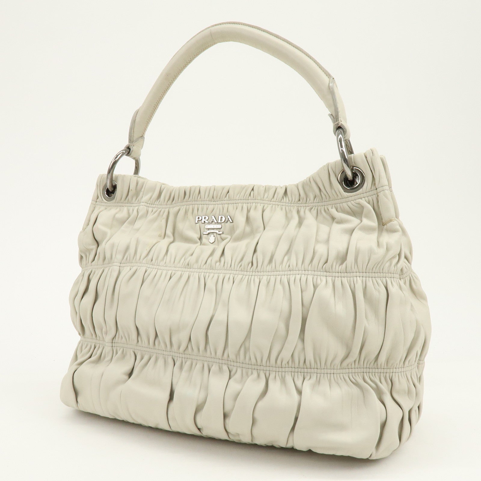 PRADA Gathered Leather Shoulder Bag Hand Bag Light Beige