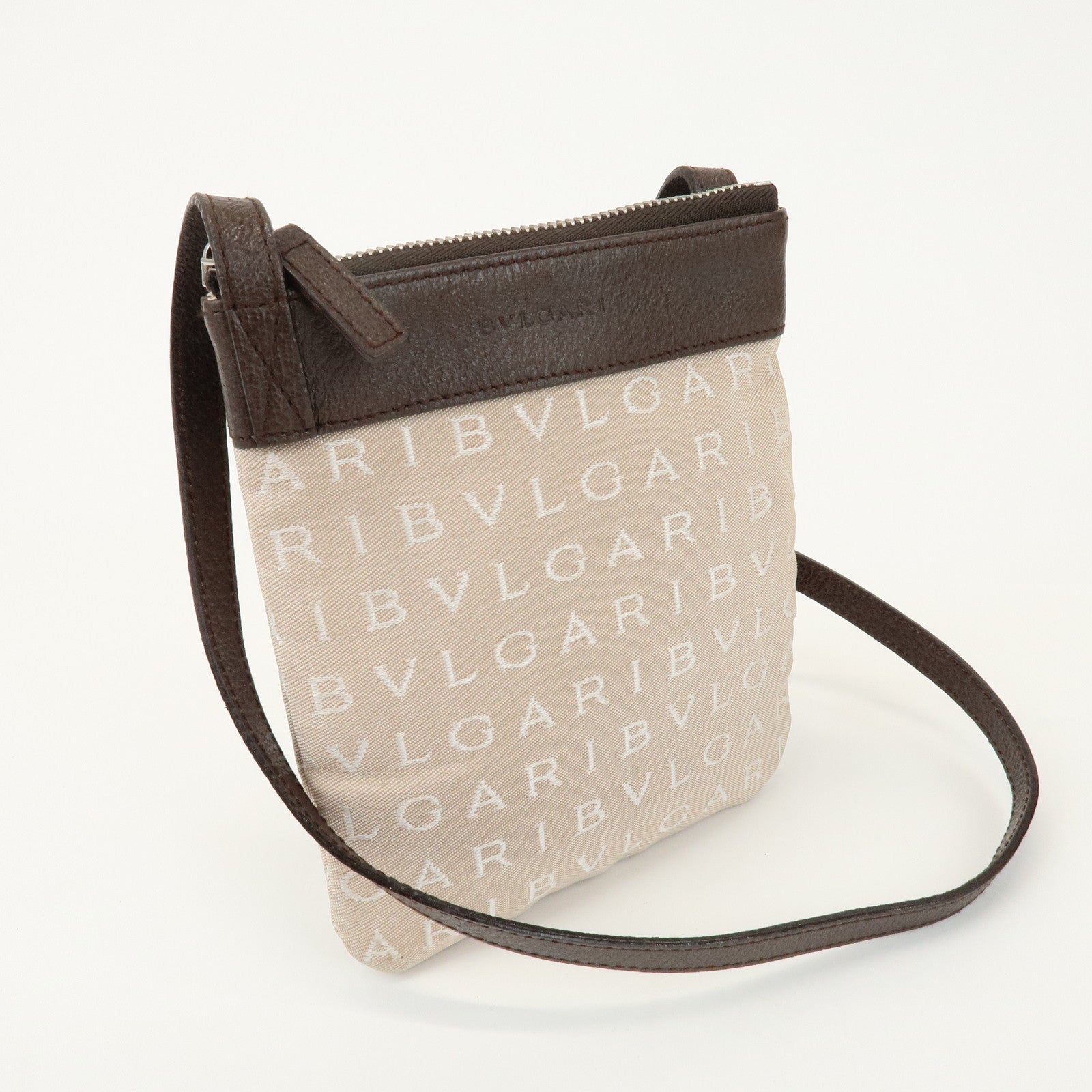 BVLGARI Logo Mania Monogram Canvas Leather Shoulder Bag Beige Brown