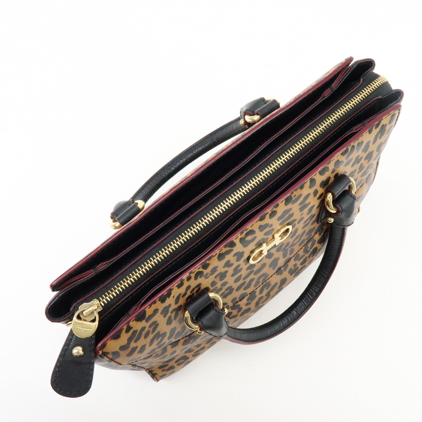 Ferragamo Gancini Leather 2Way Bag Hand Bag Leopard Motif Black
