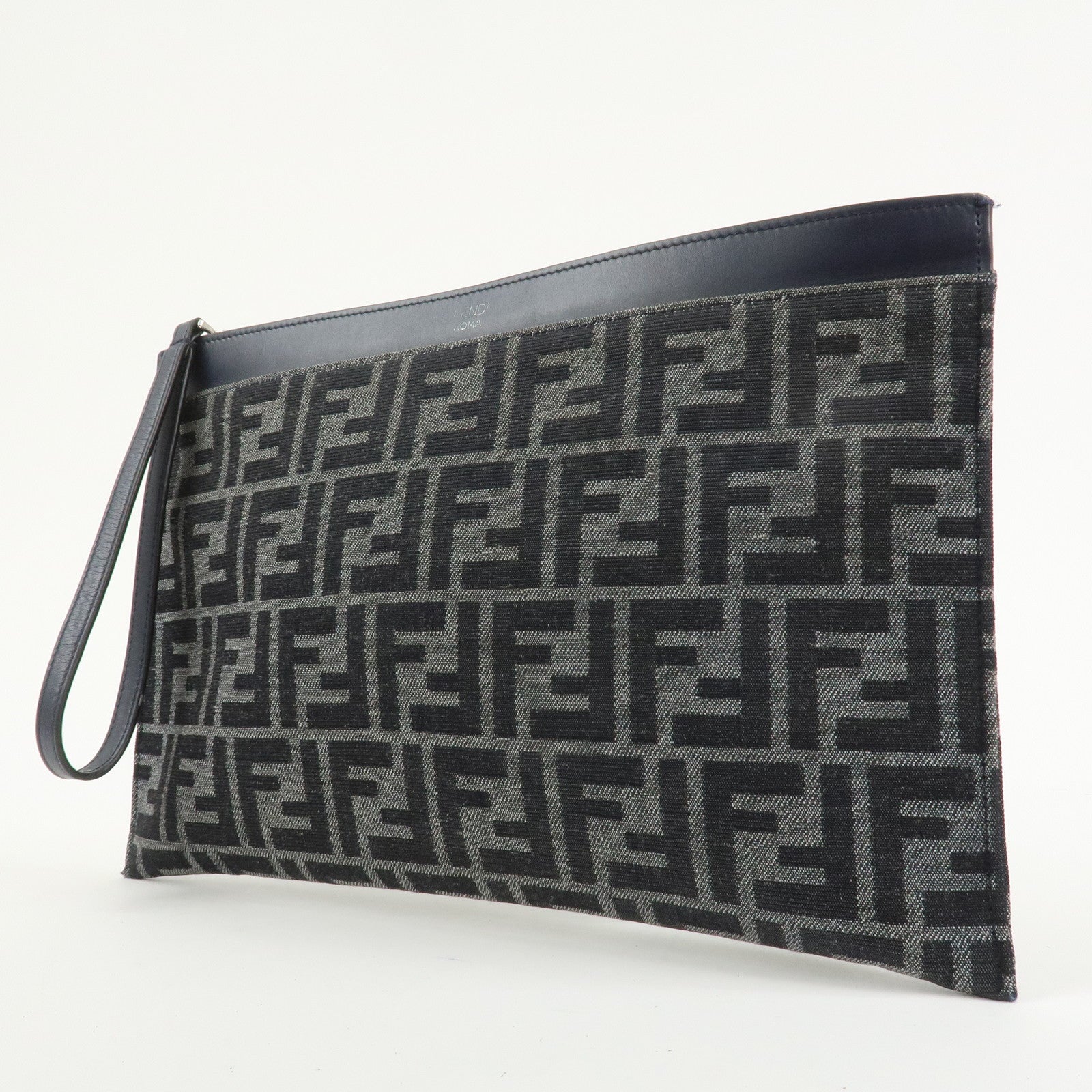 FENDI Zucca Flat Slim Canvas Leather Clutch Bag Navy 7N0134