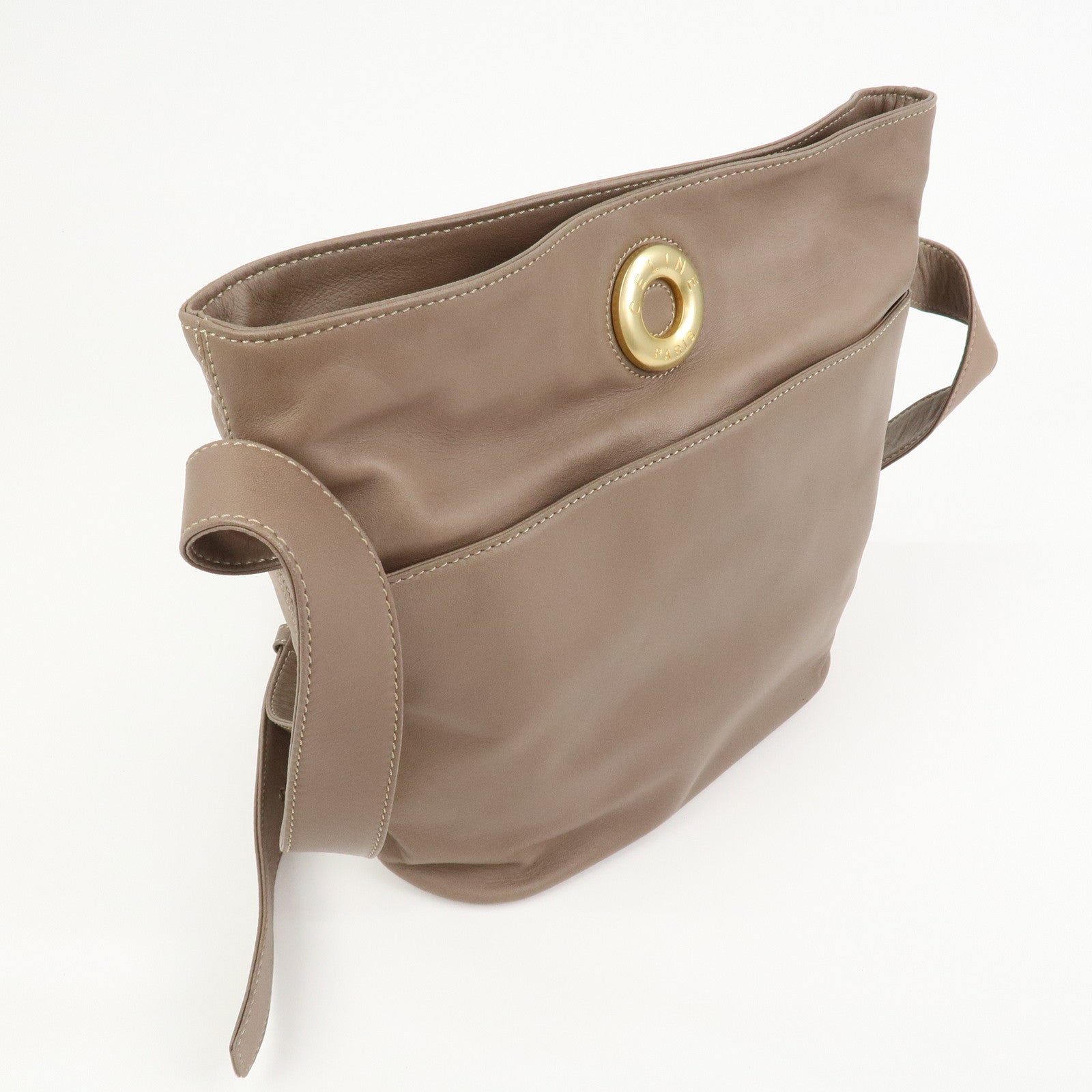 CELINE Logo Leather Shoulder Bag Crossbody Bag Greige