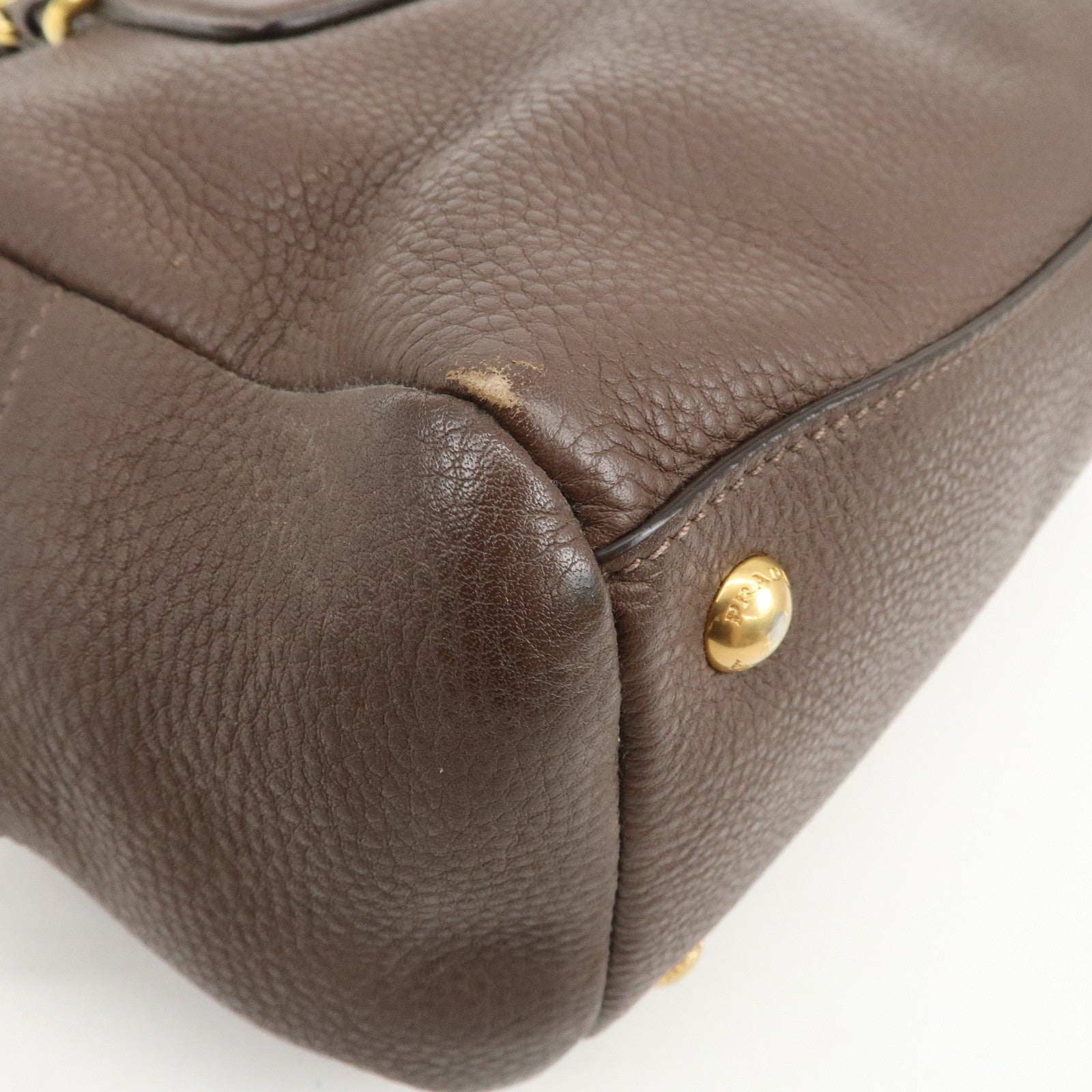 PRADA Logo Leather Shoulder Bag Boston Bag Hand Bag Brown B3091M