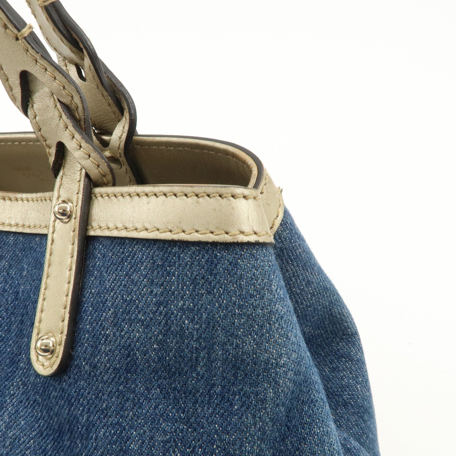 GUCCI Craft Denim Leather Tote Bag Shoulder Bag Blue Gold 348715 Used