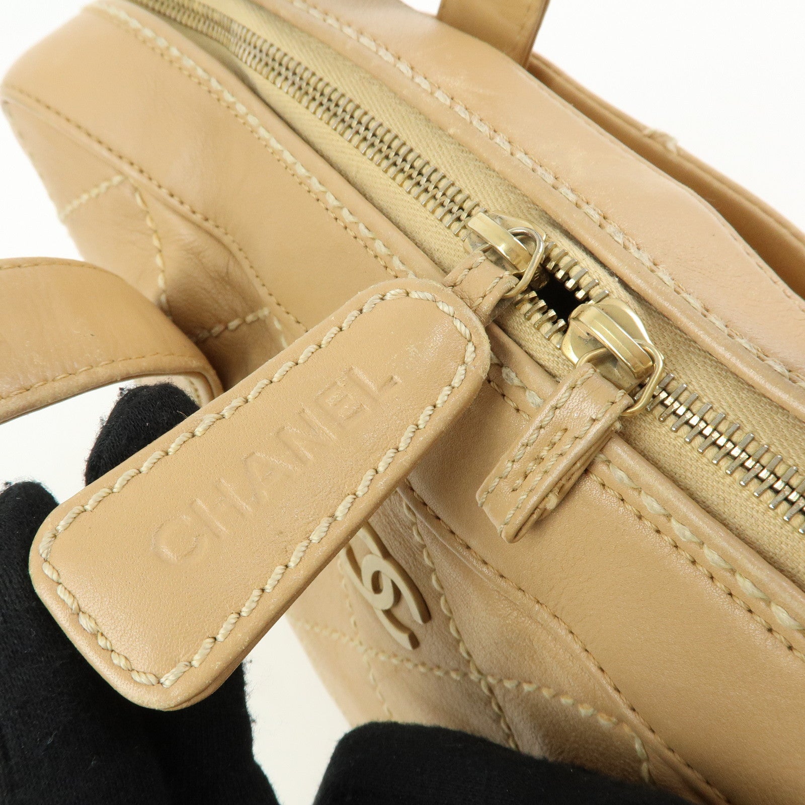 CHANEL Wild Stitch Calf Leather Boston Bag Hand Bag Beige
