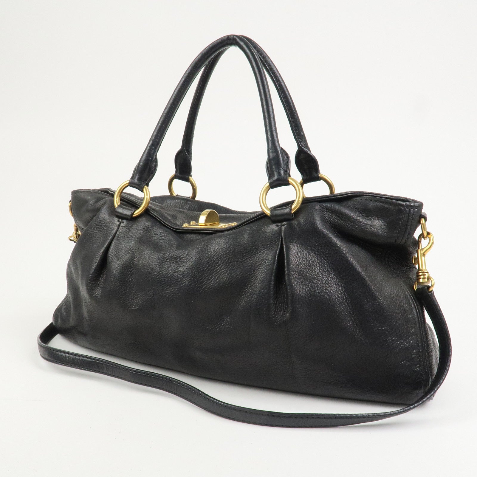 MIU MIU Leather 2 Way Bag Tote Shoulder Crossbody Bag Black Gold