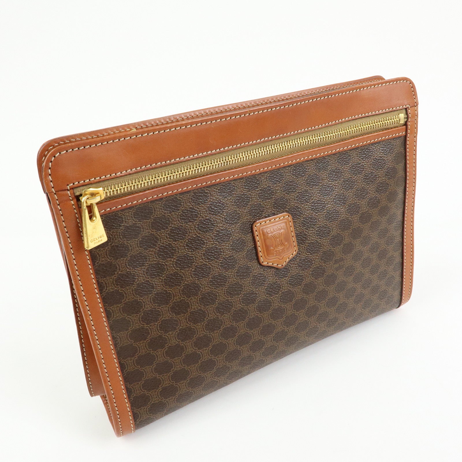 CELINE Logo Macadam PVC Leather Clutch Bag Flat Pouch Brown