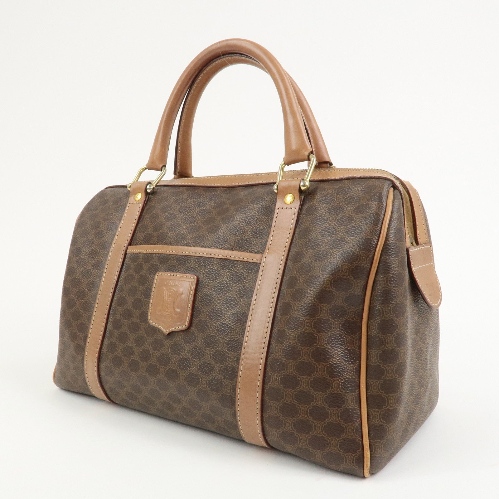 CELINE Macadam Logo PVC Leather Boston Bag Hand Bag Brown