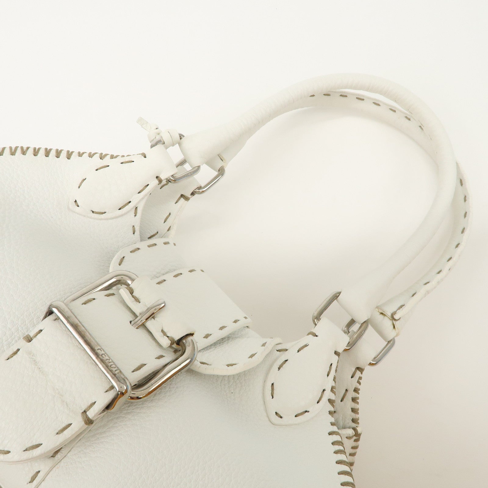 FENDI Seleria Leather Hand Bag White Silver HDW 8BR439
