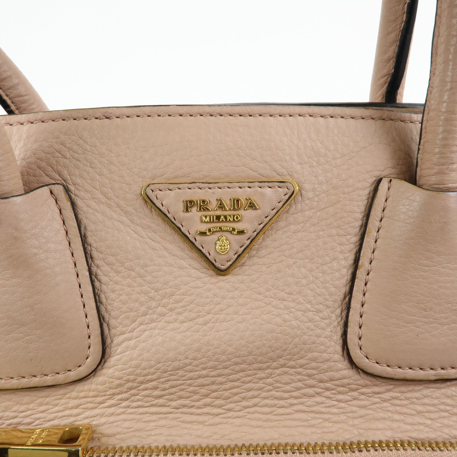 PRADA Triangle Logo Leather Tote Bag Shoulder Bag Pink Beige