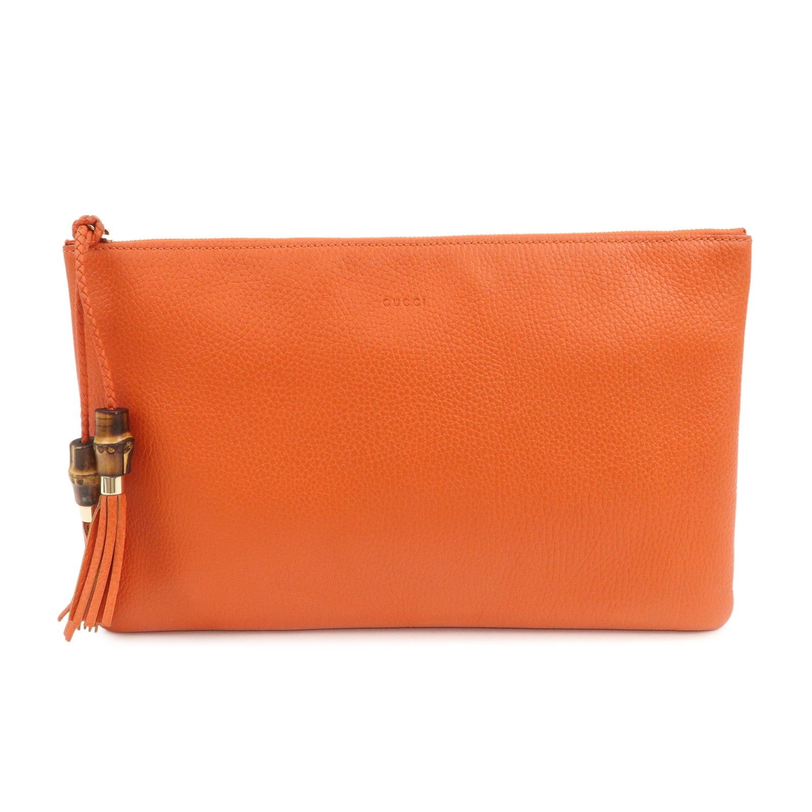 GUCCI Bamboo Logo Leather Clutch Bag Pouch Orange 449653