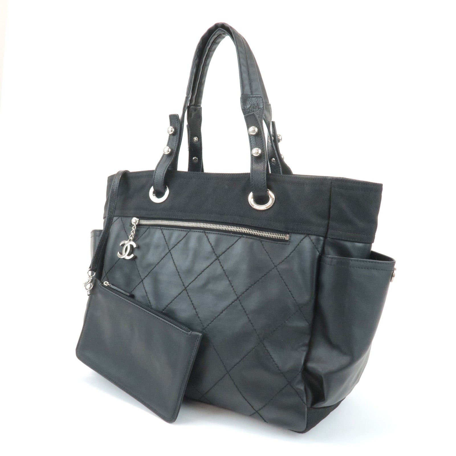 CHANEL COCO Paris Biarritz GM Coated Canvas Leather Tote Bag Black