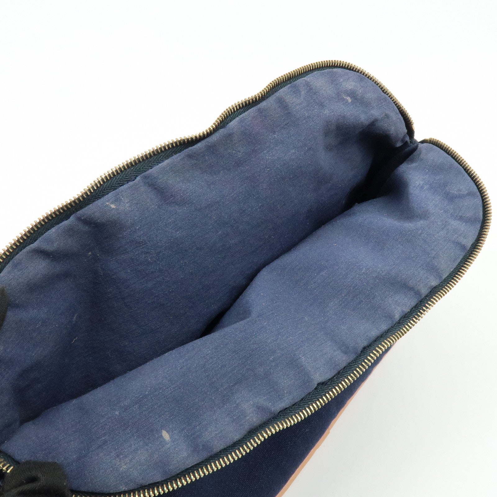 HERMES Bolide Set of 2 Cotton Leather Pouch Cosmetic Case Navy Pink