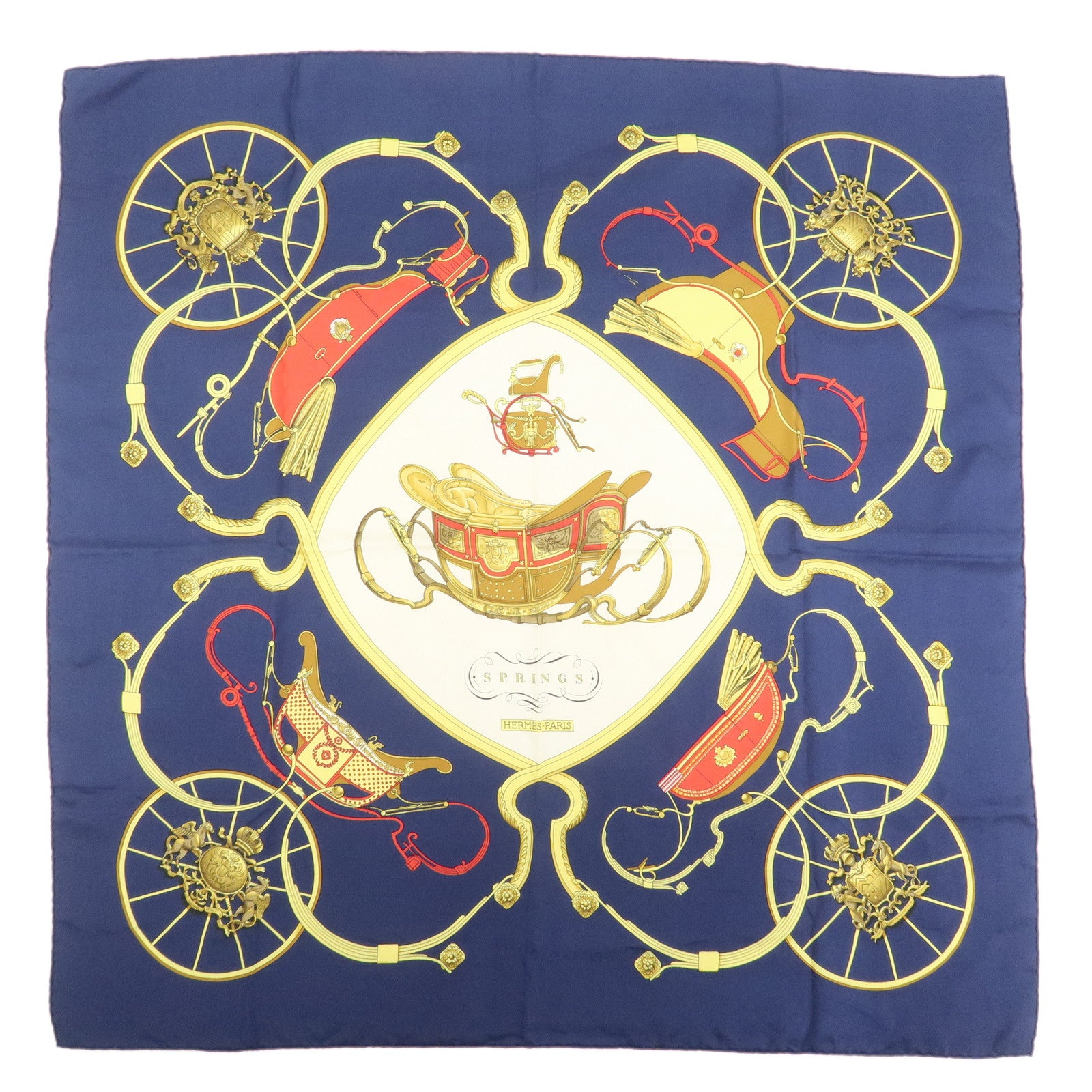 HERMES Carre 90 Silk 100% Scarf SPRINGS Navy Gold