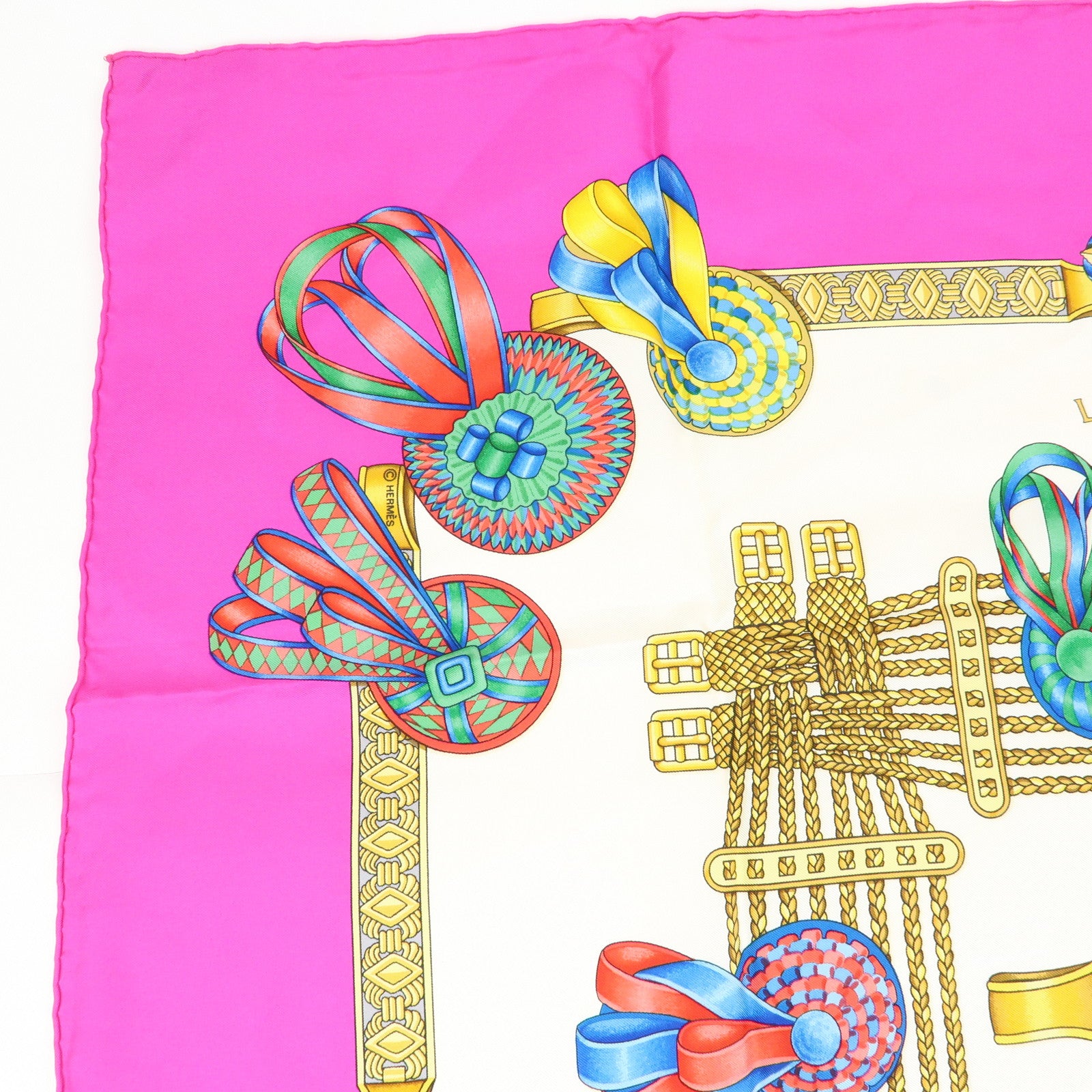 HERMES Carre 90 Silk 100% Scarf LES RUBANS DU CHEVAL Pink White