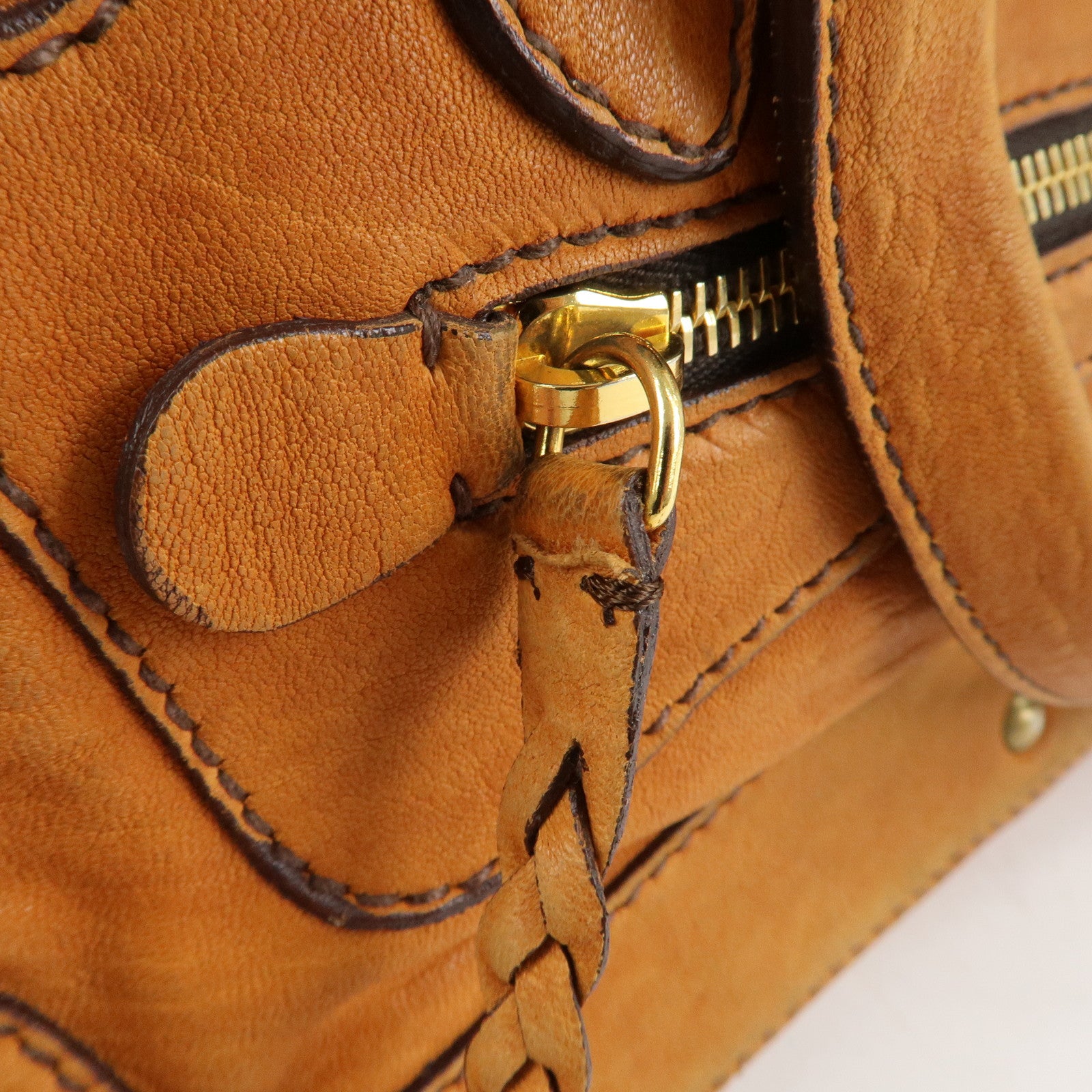 MIUMIU Logo Leather Shoulder Bag Boston Bag Hand Bag Gold HDW Brown Used