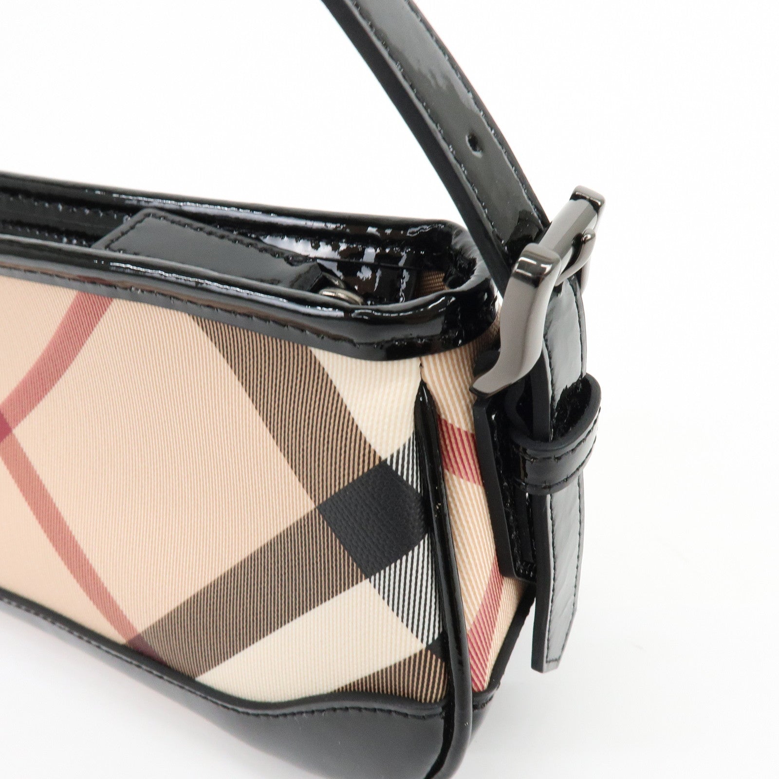 BURBERRY Nova Plaid PVC Patent Leather Hand Bag Beige Black