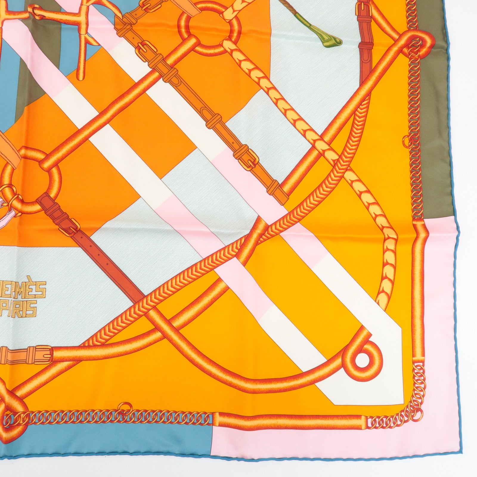 HERMES Carre 90 Silk 100% Scarf PARCOURS SANS FAUTE Orange Blue Used