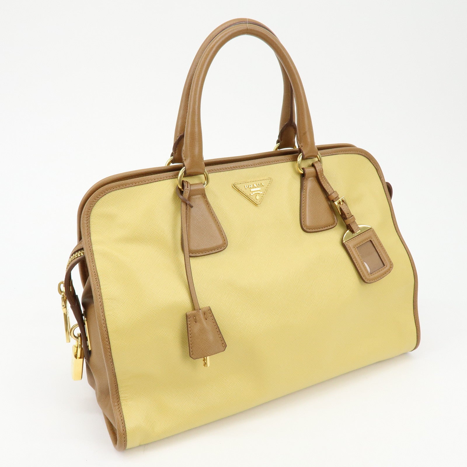 PRADA Triangle Logo Saffiano Leather Boston Bag Mustard Light Brown