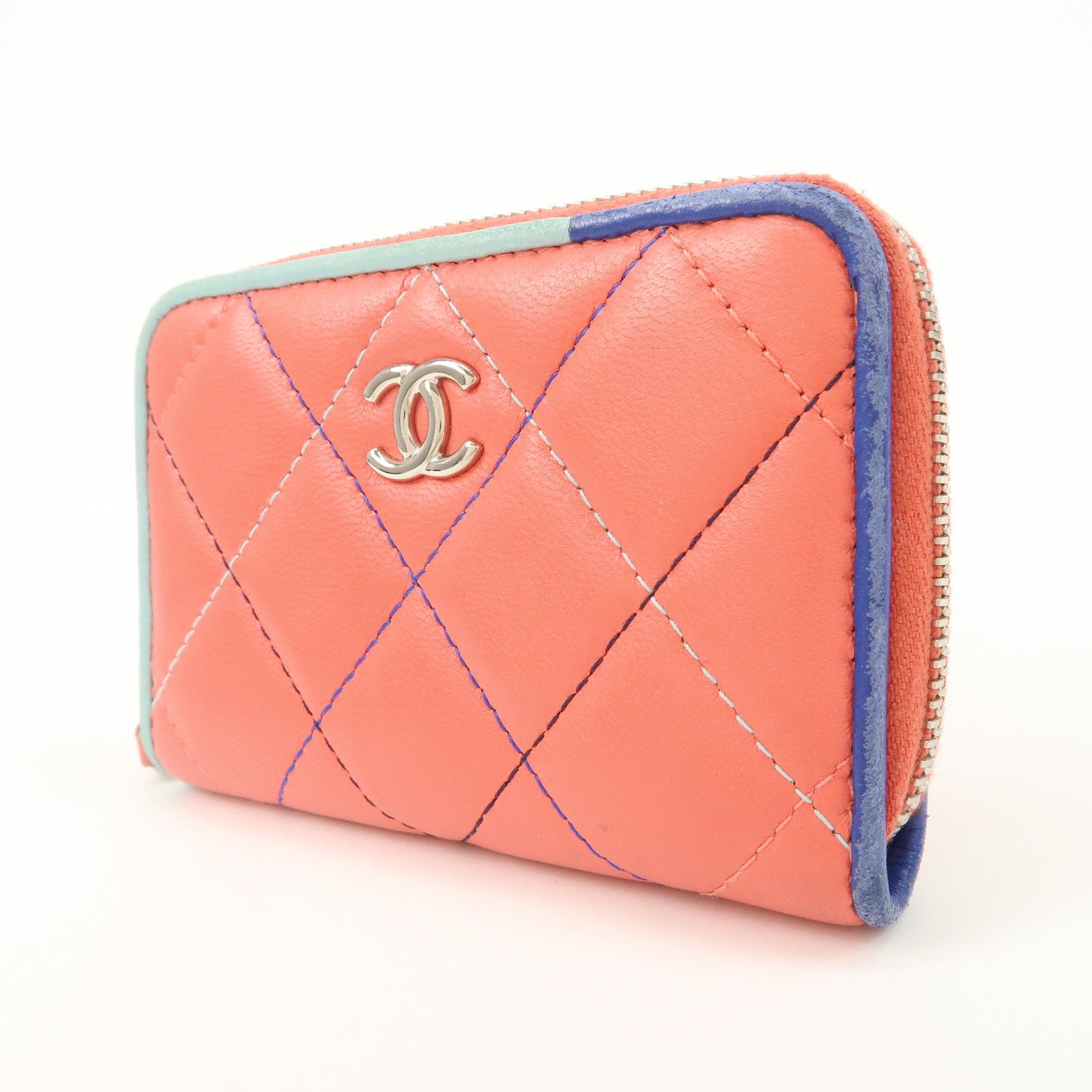 CHANEL Matelasse Lamb Skin Coin Case Coin Purse Pink Blue