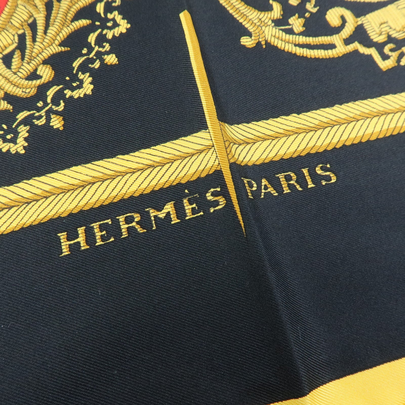 HERMES Carre 90 Silk 100% Les Armes de Paris Scarf Black Yellow Red