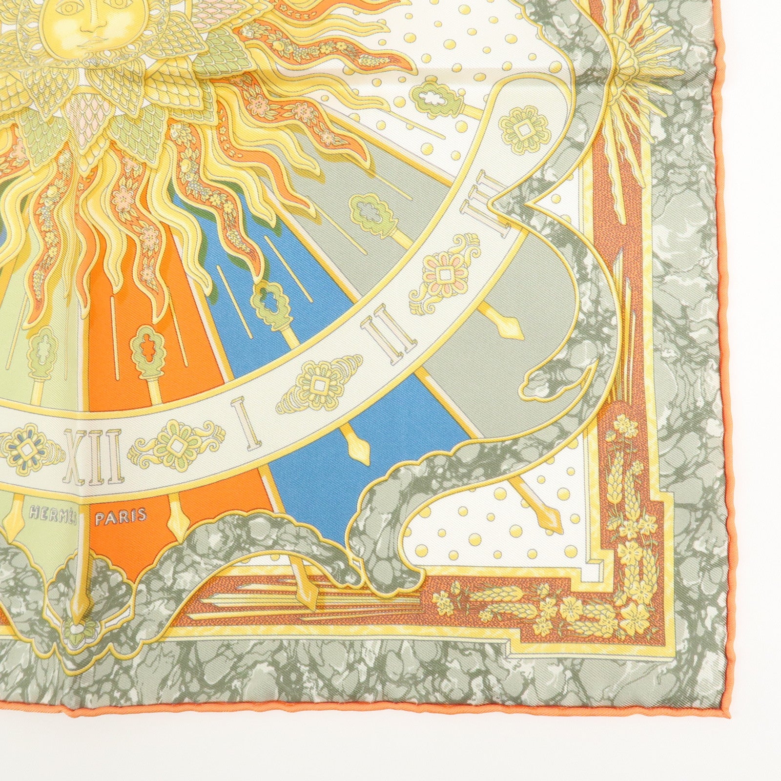 HERMES Carre 40 Silk 100% Scarf CARPE DIEM Clock Print