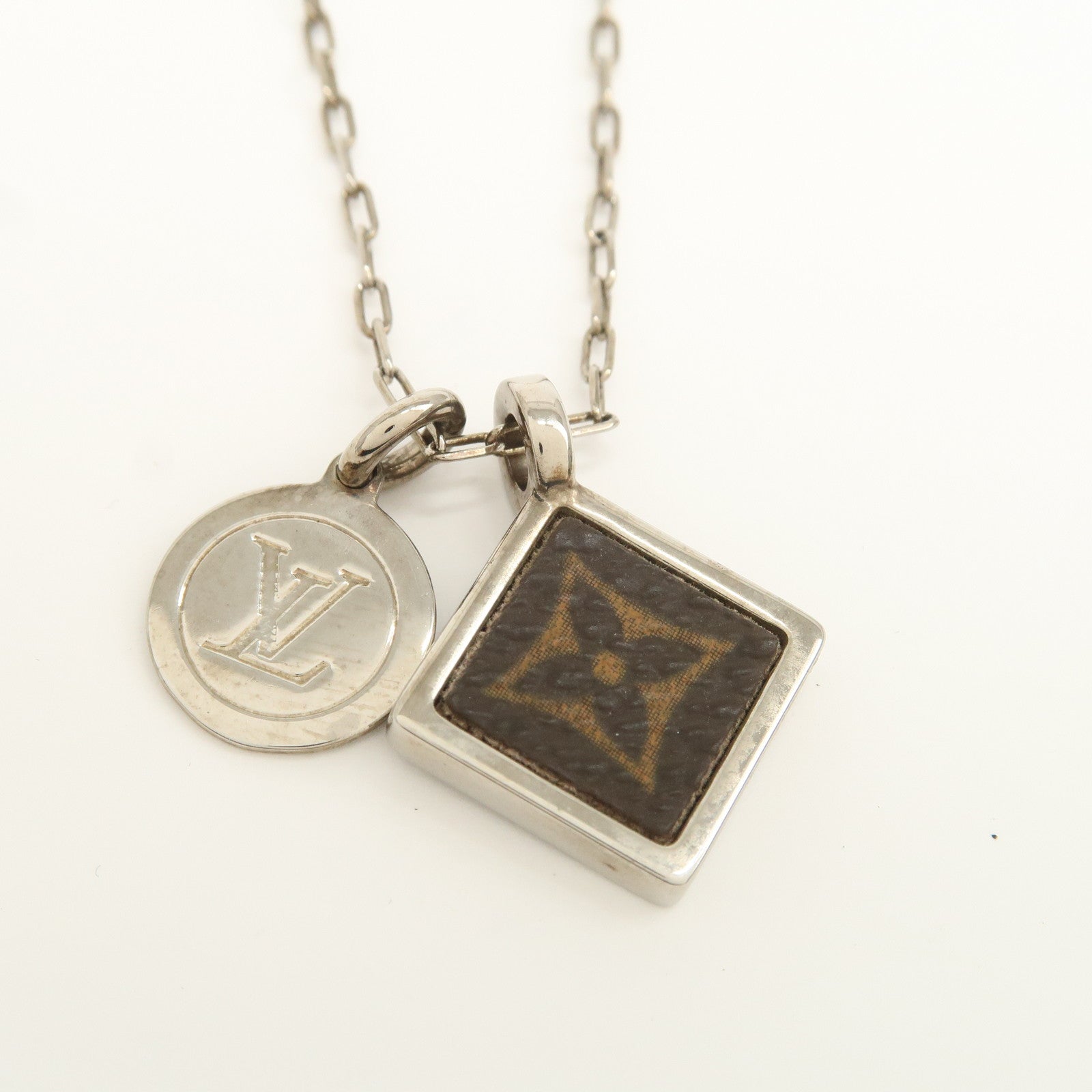 Louis Vuitton Monogram Canvas Metal Necklace Brown Silver M00041