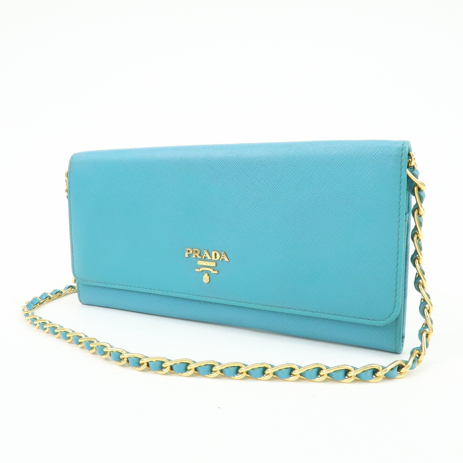 PRADA Saffiano Leather Chain Wallet Shoulder Bag Blue 1M1290
