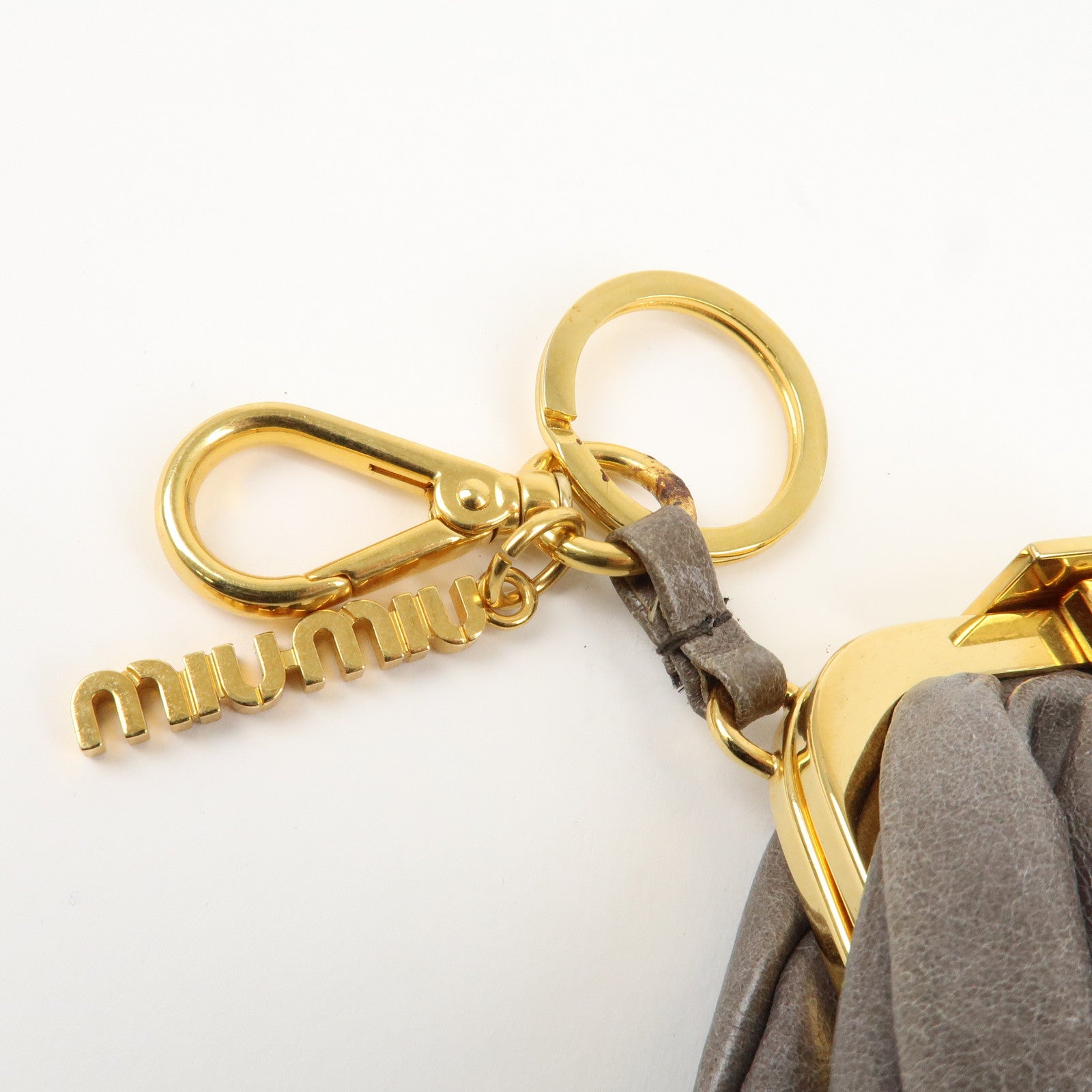 MIU MIU Logo Leather Kiss Lock Coin Case Gray Gold HDW Used