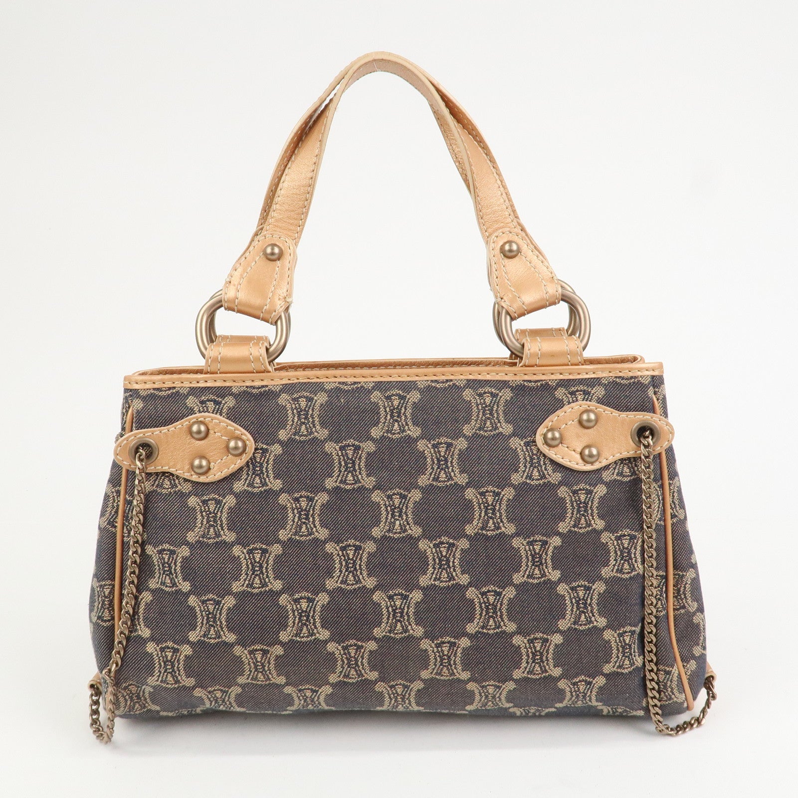 CELINE Macadam Denim Leather Glitter Hand Bag Metallic Pink Navy