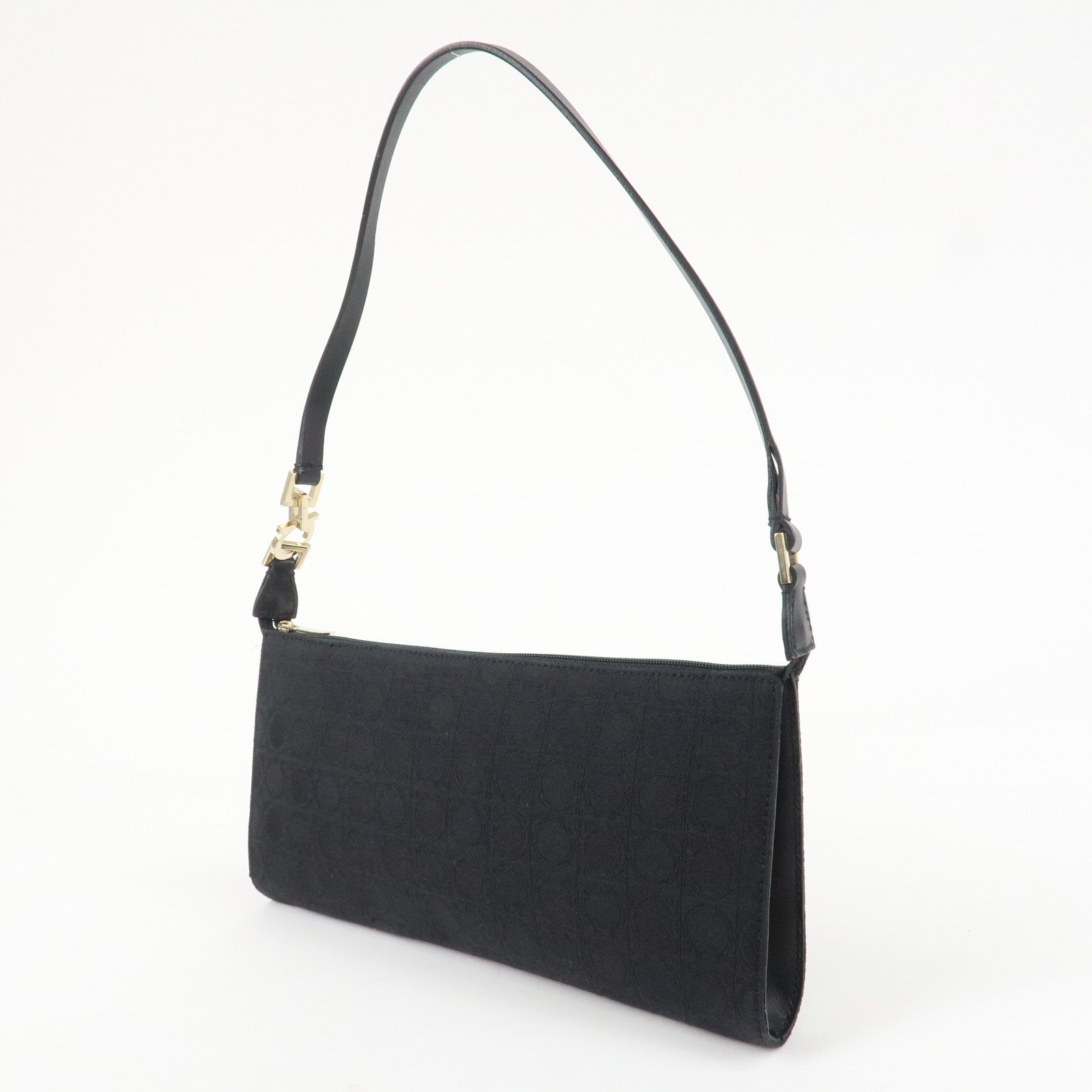 Ferragamo Ganchini Canvas Leather Shoulder Bag Hand Bag Black Used