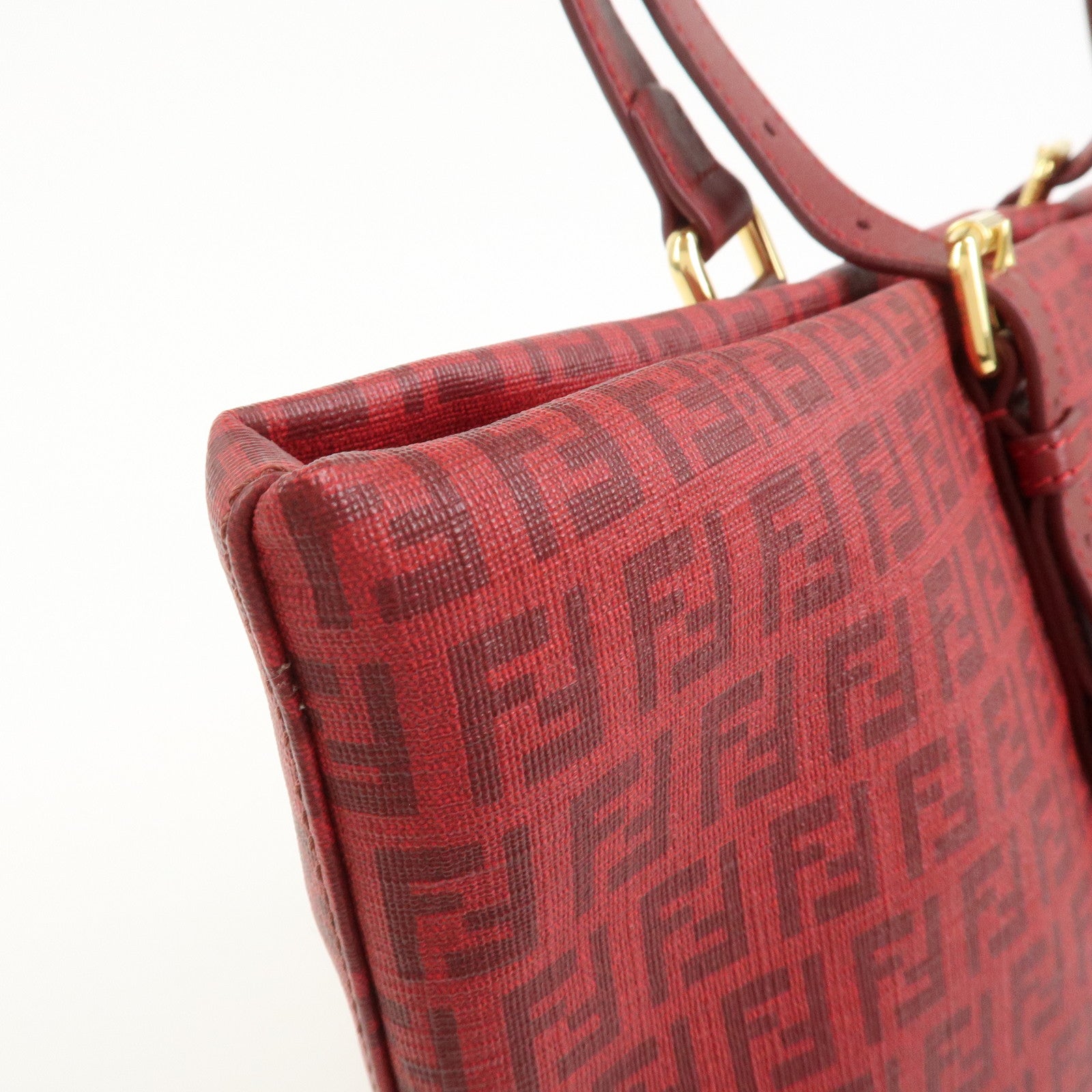 FENDI Zucchino PVC Leather Tote Bag Shoulder Bag Red Gold 8BH215