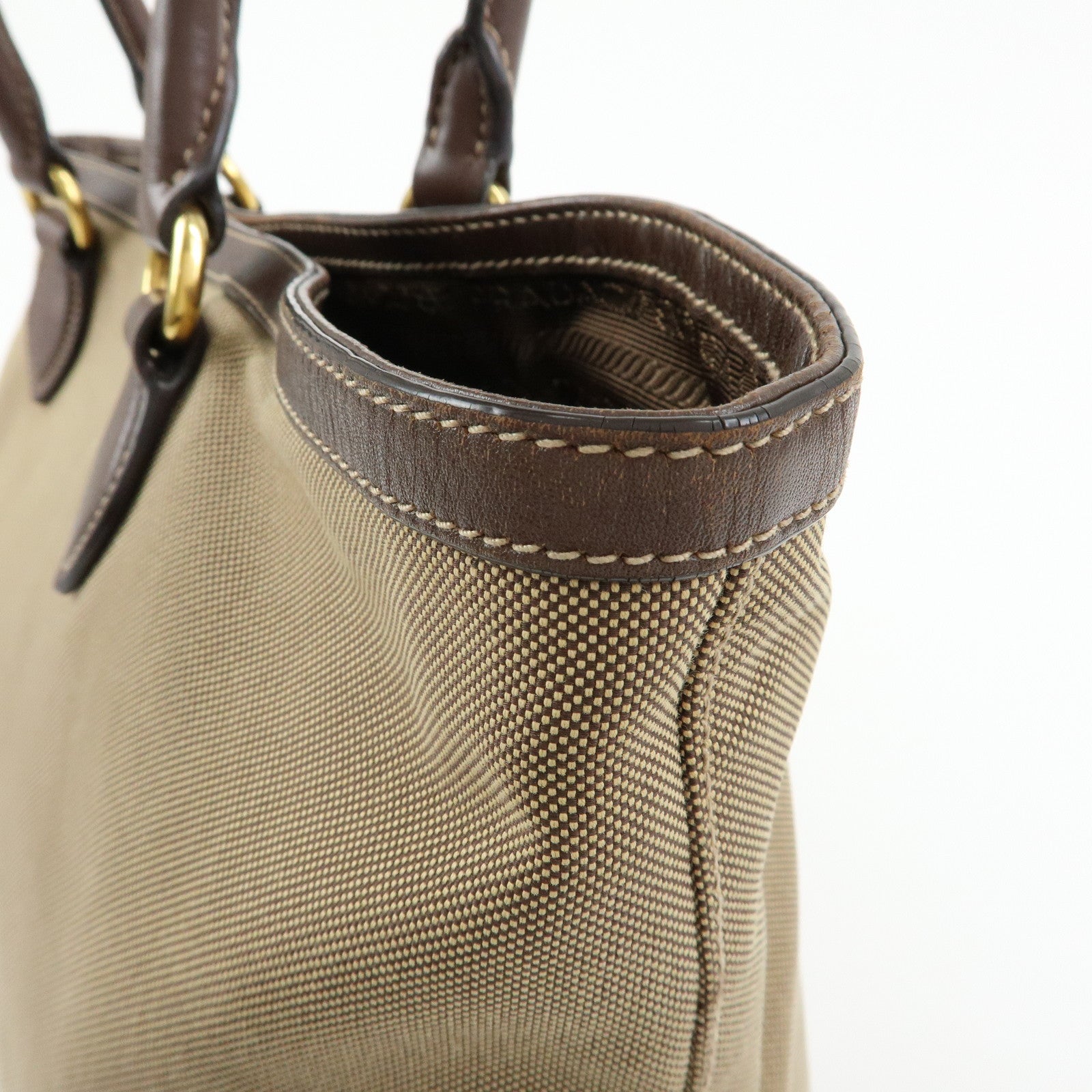 PRADA Triangle Logo Jacquard Leather Tote Shoulder Bag Beige Brown