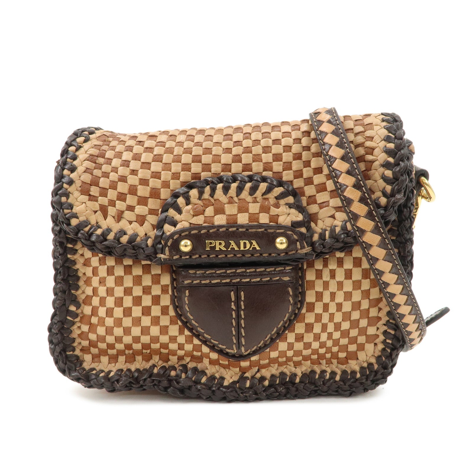 PRADA Madras Leather Shoulder bag Beige Brown BT781V Used