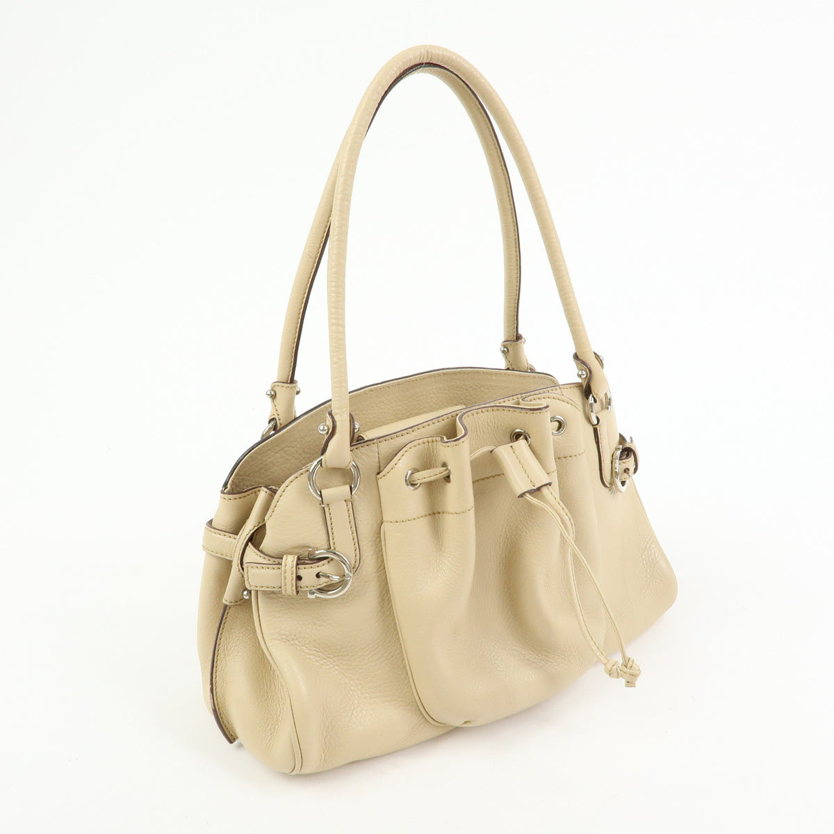Ferragamo Gancini Leather Drawstring Shoulder Bag Hand Bag Beige
