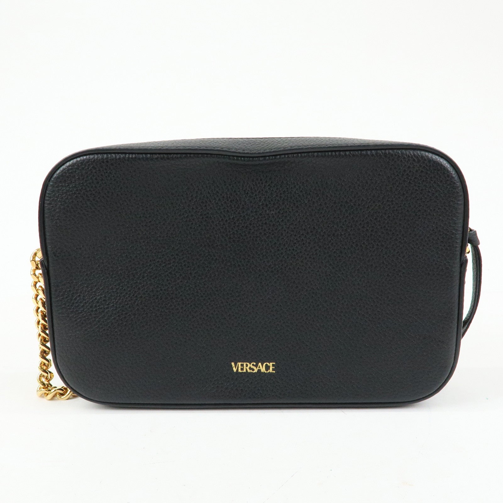 VERSACE Virtus Leather Shoulder Crossbody Bag Black Beige