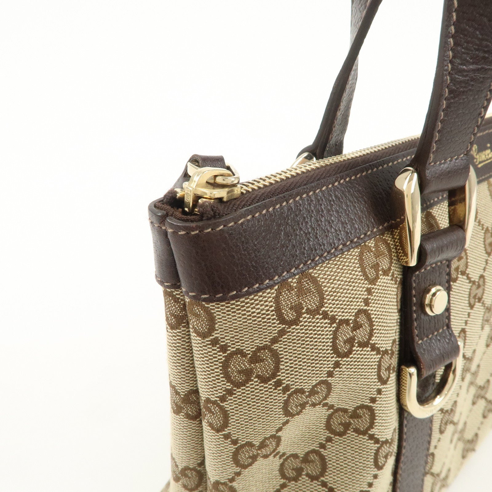 GUCCI Abbey GG Canvas Leather Tote Bag Beige Dark Brown 141471