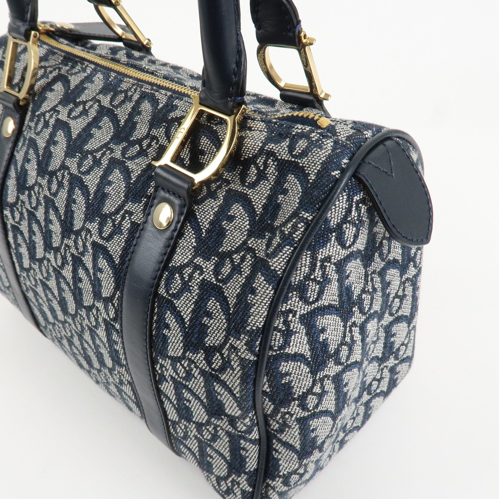 Christian Dior Trotter Leather Canvas Boston Bag Navy White Used