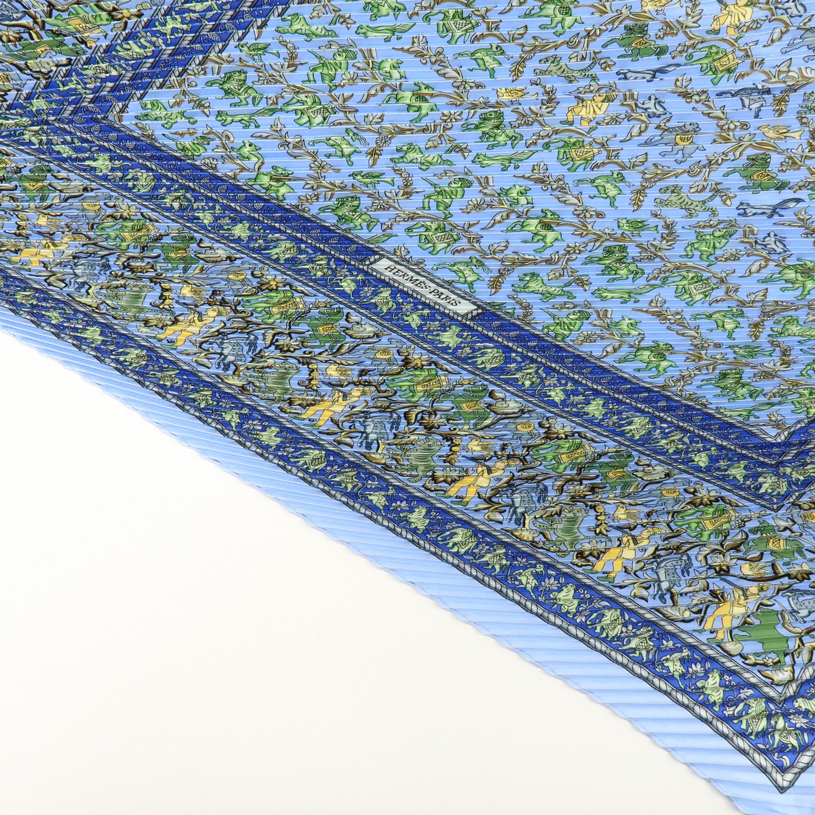HERMES Pleats Carre Silk 100% Scarf CHASSE EN INDE Blue