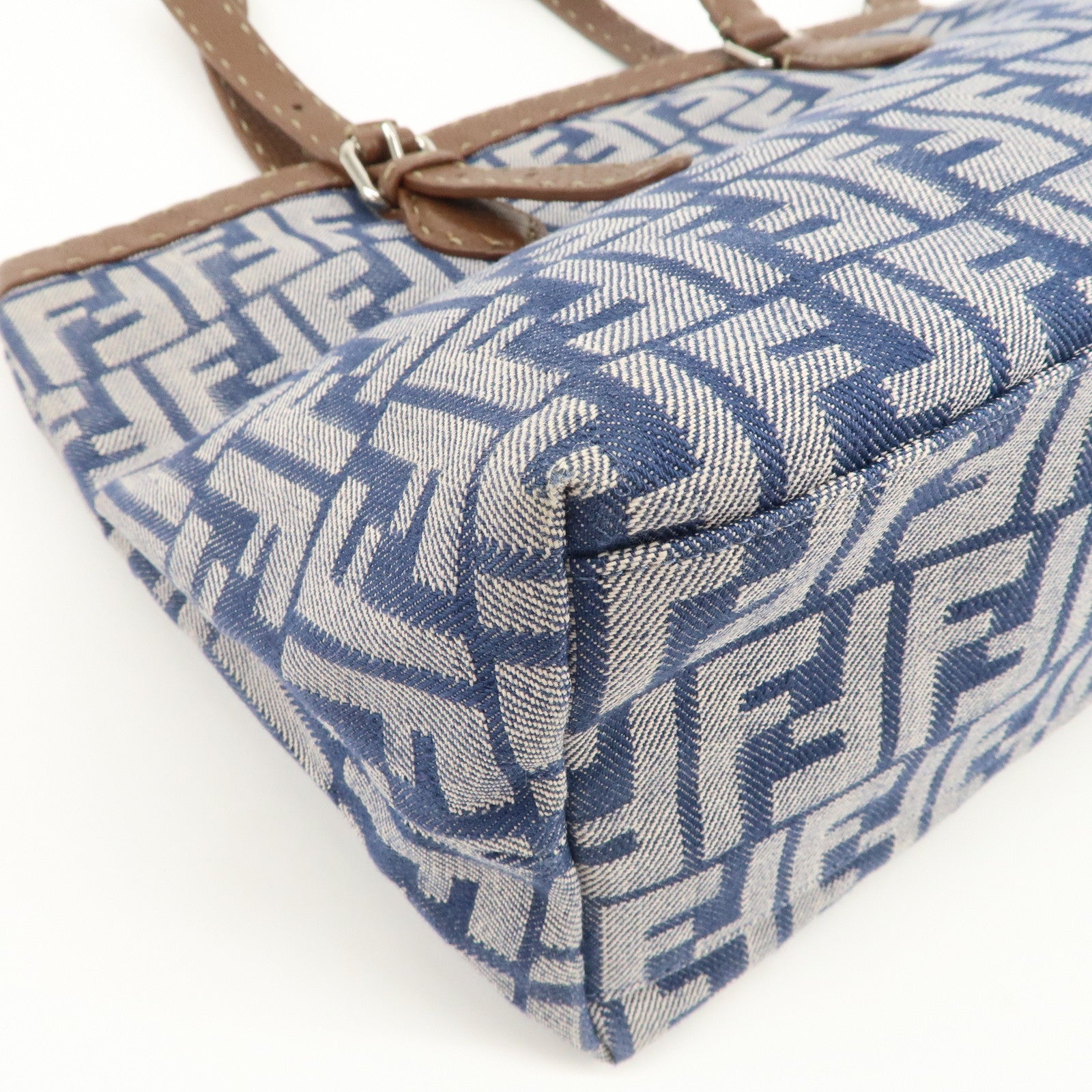 FENDI Zucca Seleria Denim Leather Tote Bag Hand Bag Blue 8BH179