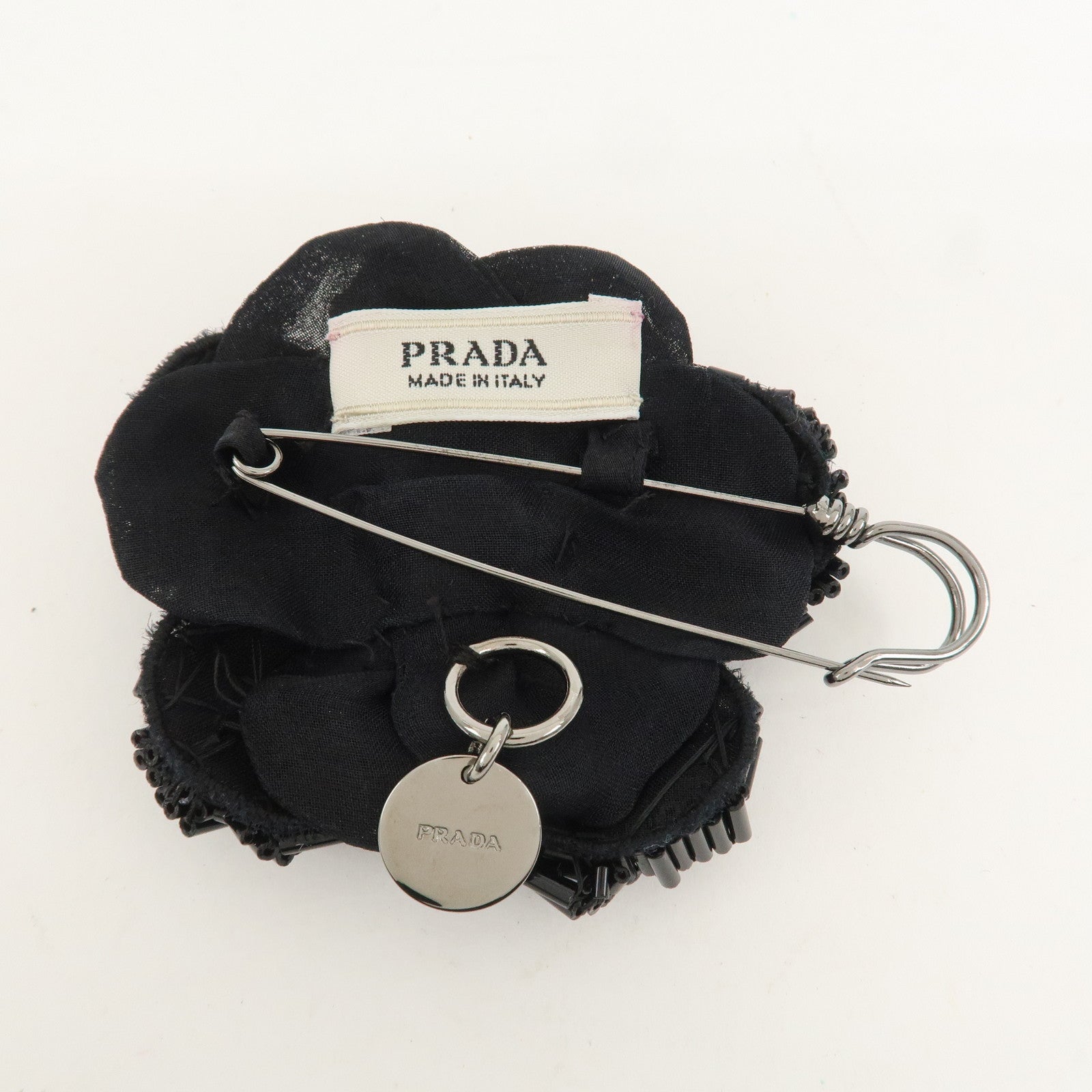 PRADA Beads Organdy Brooch Flower Silver HDW Black P7428R