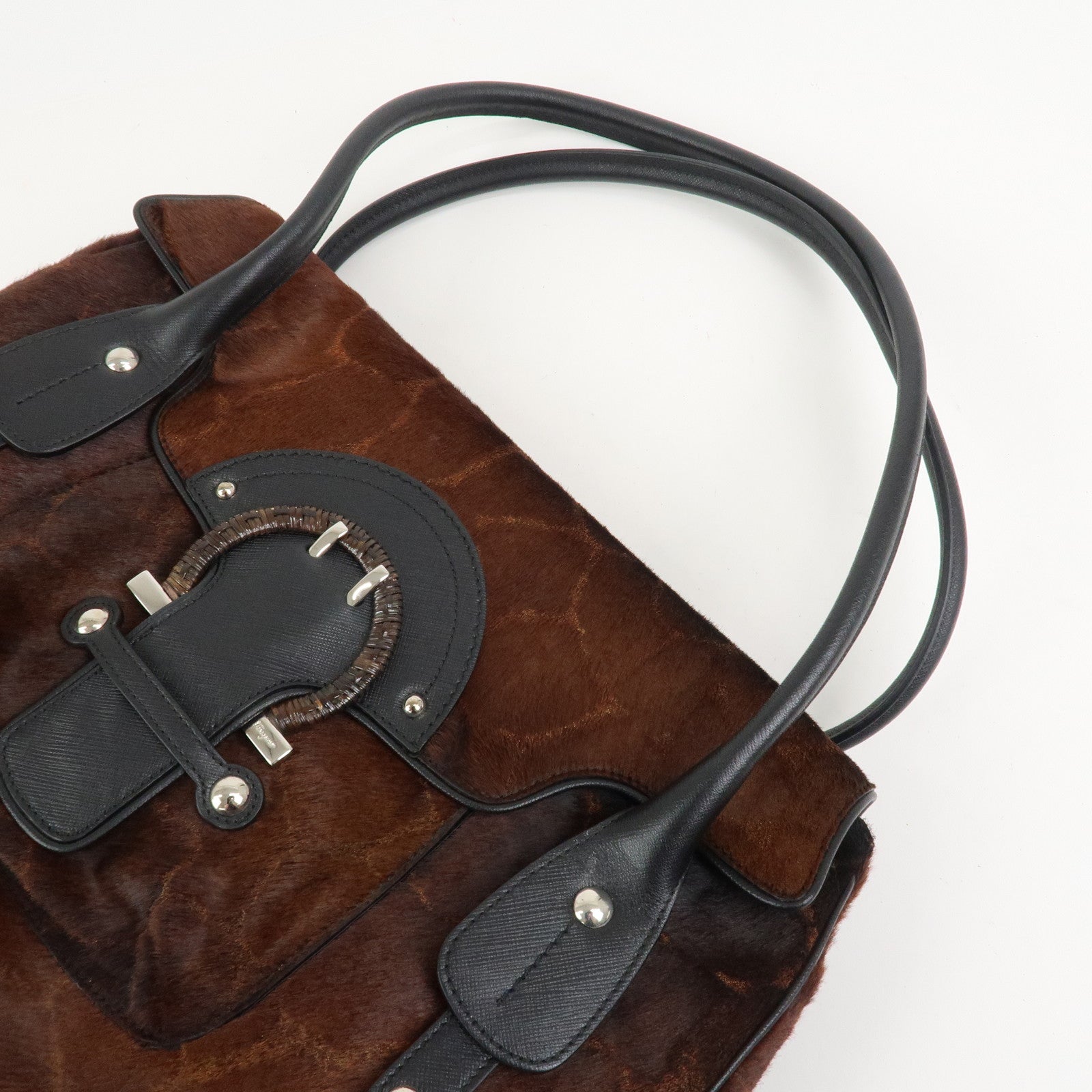 Ferragamo Gancini Logo Unborn Calf Leather Shoulder Bag Brown