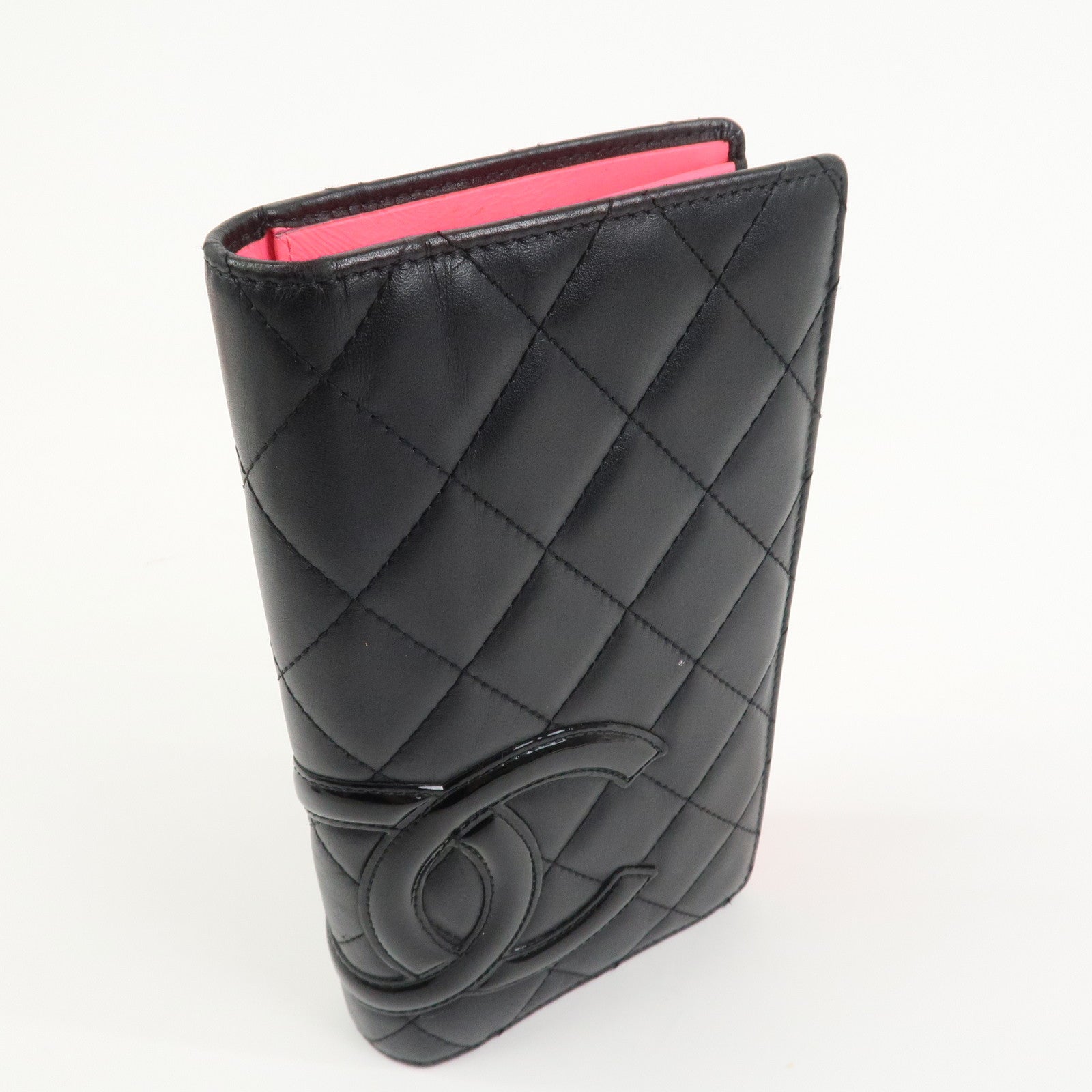 CHANEL Cambon Line Lamb Skin Bi-fold Long Wallet Black A26717