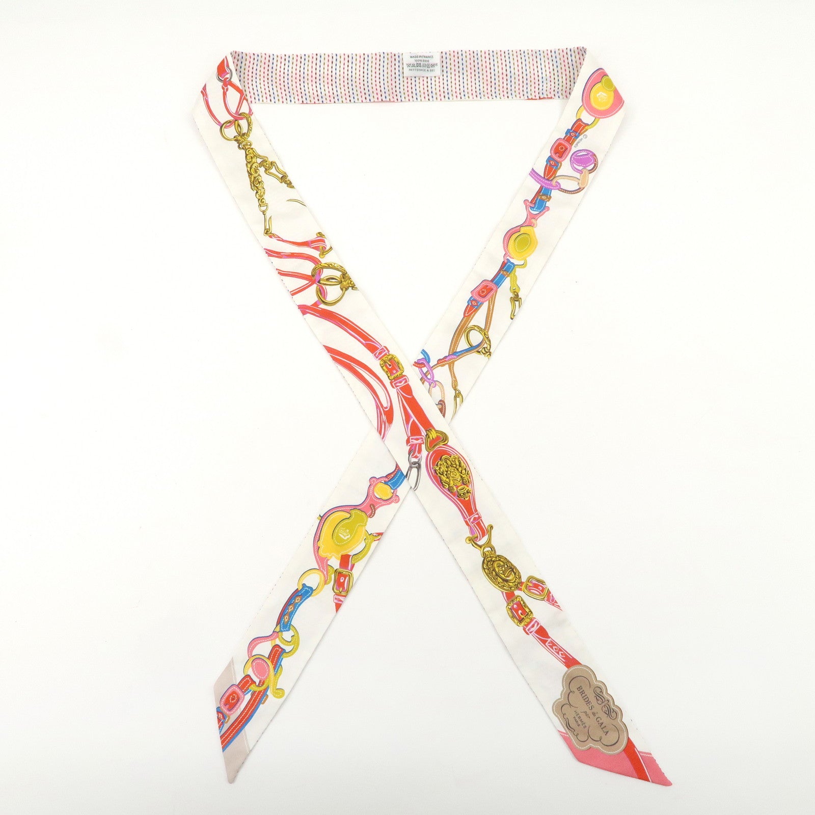 HERMES Twilly Silk 100% Scarf BRIDES de GALA White Multicolor