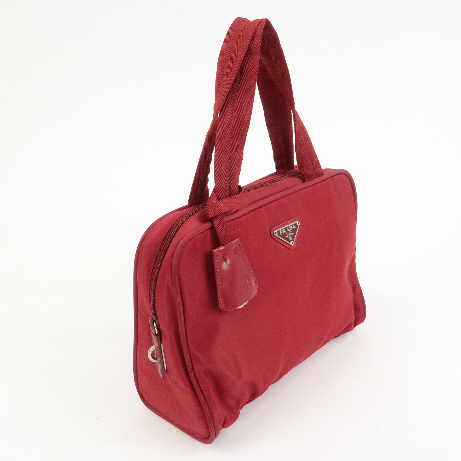 PRADA Triangle Logo Nylon Leather Hand Bag Wine Red B8495