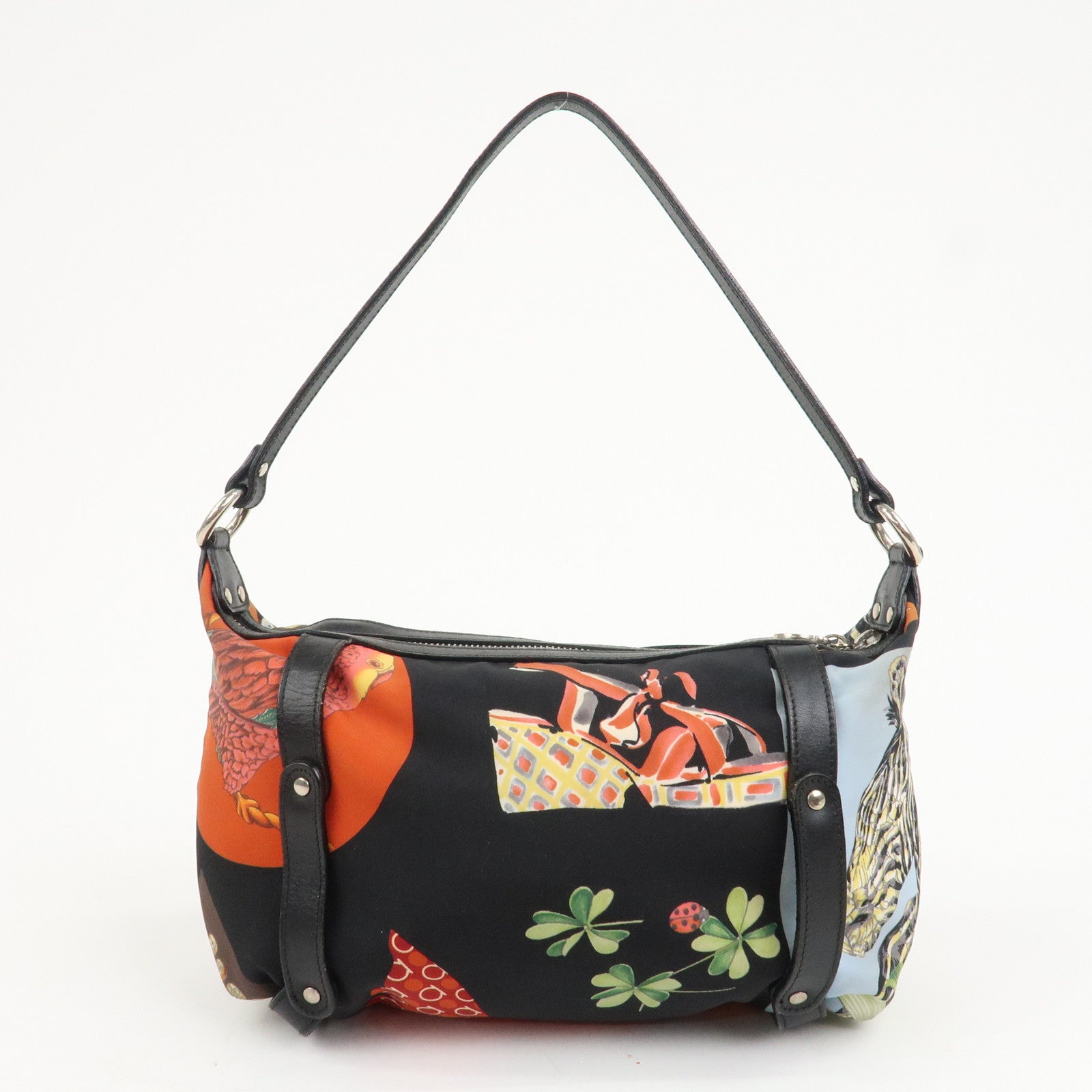 Ferragamo Nylon Leather Mini Hand Bag Shoulder Bag Animal Black