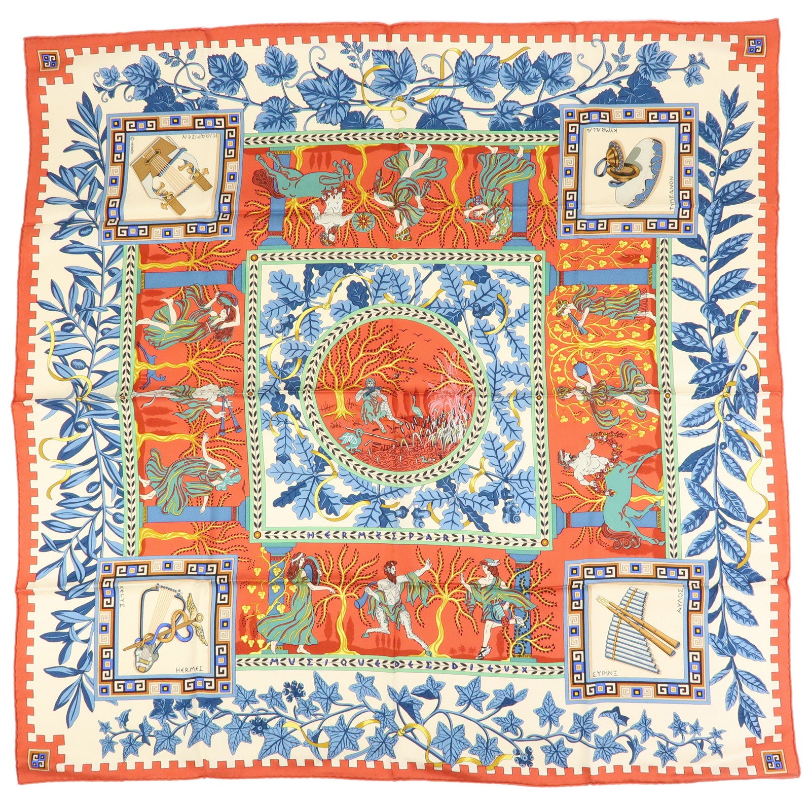 HERMES Carre 90 Silk 100% Scarf MUSIQUE DES DIEUX Multicolor